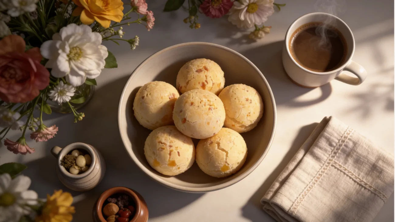 Mesa de café da manhã decorada para o Dia das Mães com pães de queijo dourados, flores e acompanhamentos variados
