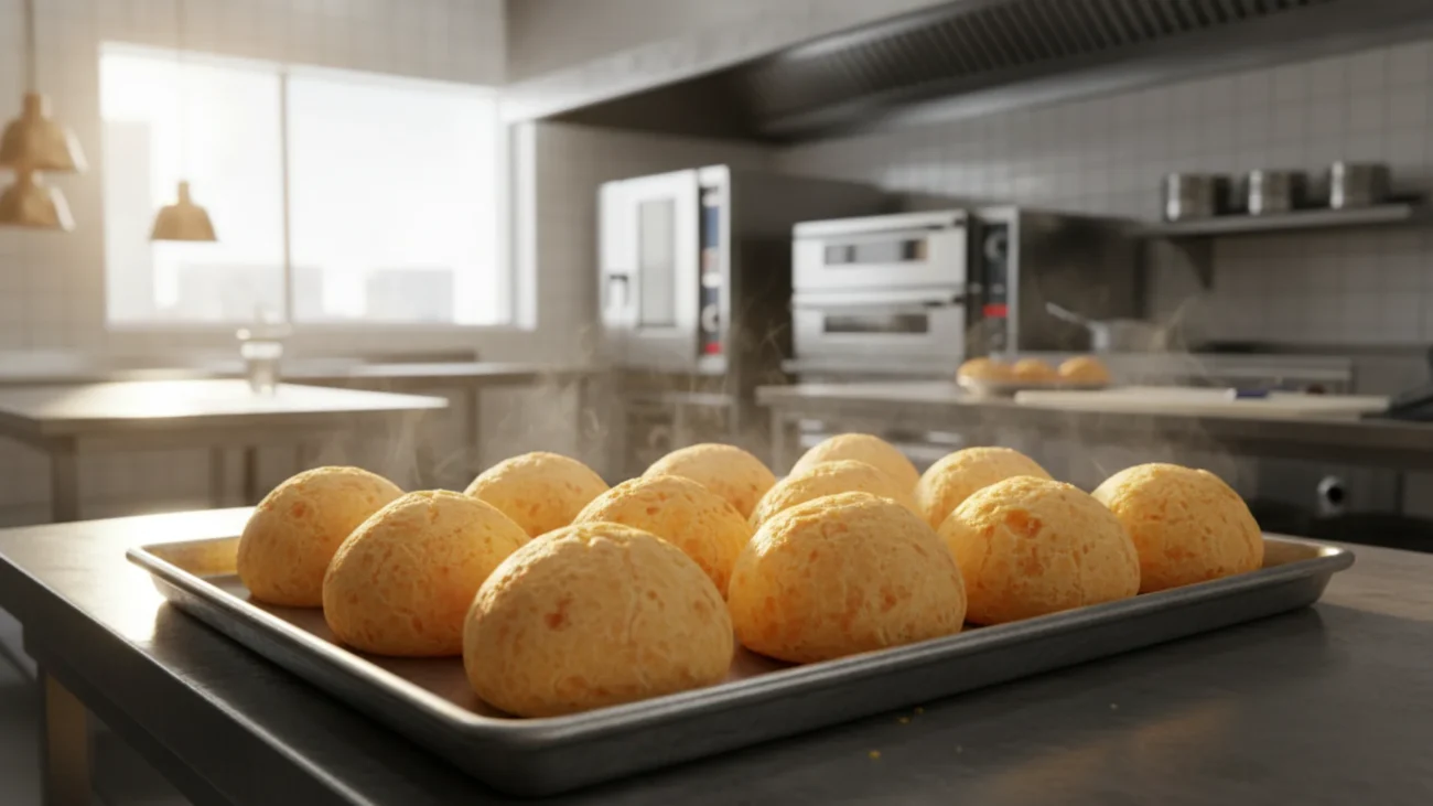 Pães de queijo dourados e crescidos em assadeira de cozinha profissional, prontos para servir em estabelecimento de food service