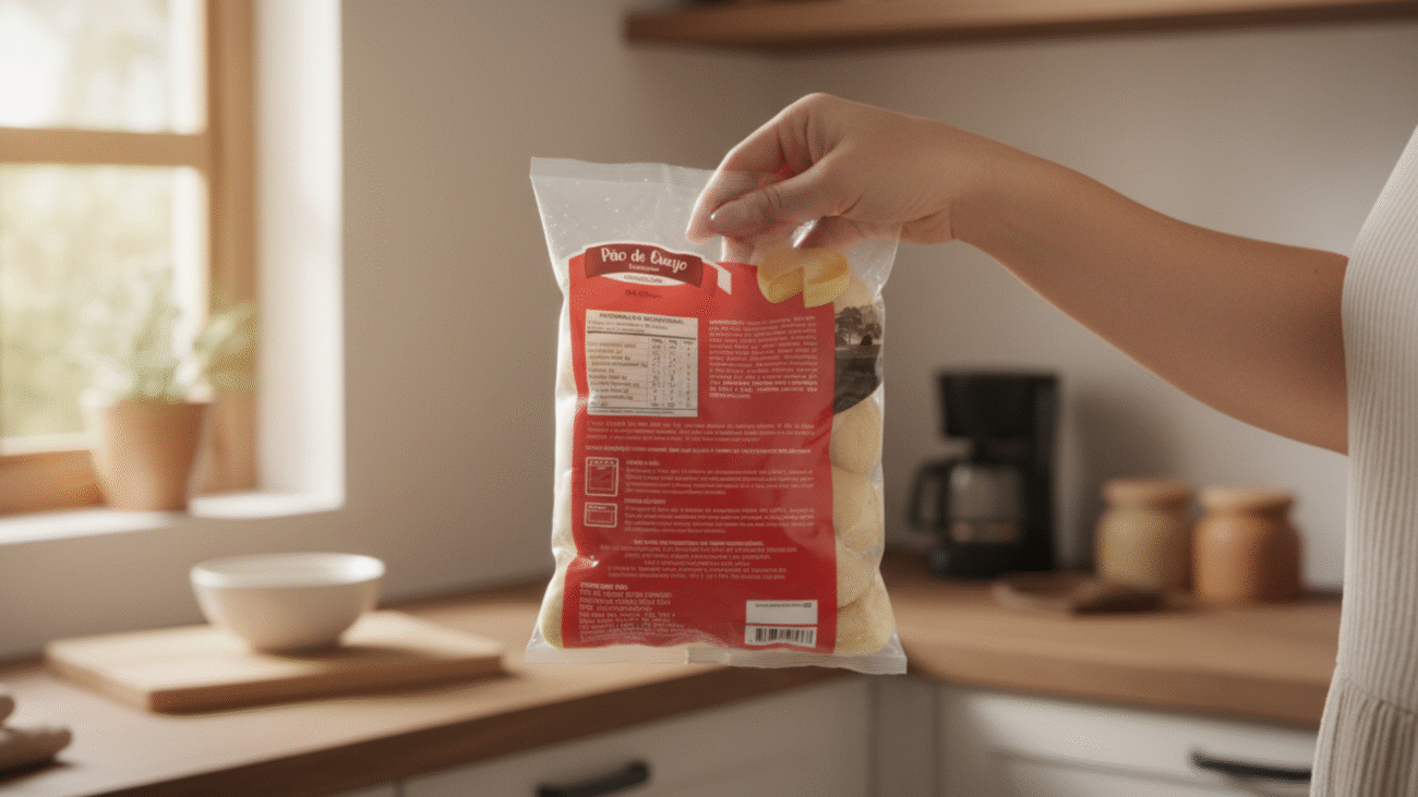 Mão segurando embalagem para ler o rótulo do pão de queijo congelado, em ambiente de supermercado