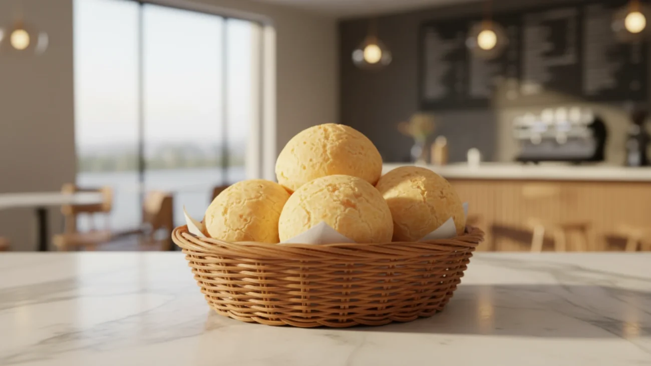 Pães de queijo dourados e crescidos expostos em balcão de padaria, com aspecto artesanal e premium