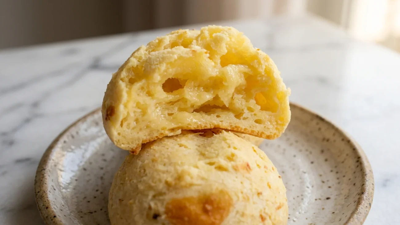 Pão de queijo de qualidade partido ao meio com interior elástico, úmido e levemente puxento, sobre superfície clara