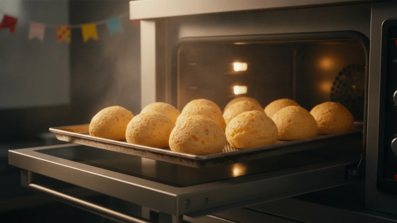 Pão de queijo congelado Ouro Mineiro dourado saindo do forno em cozinha comercial com bandeirinhas ao fundo
