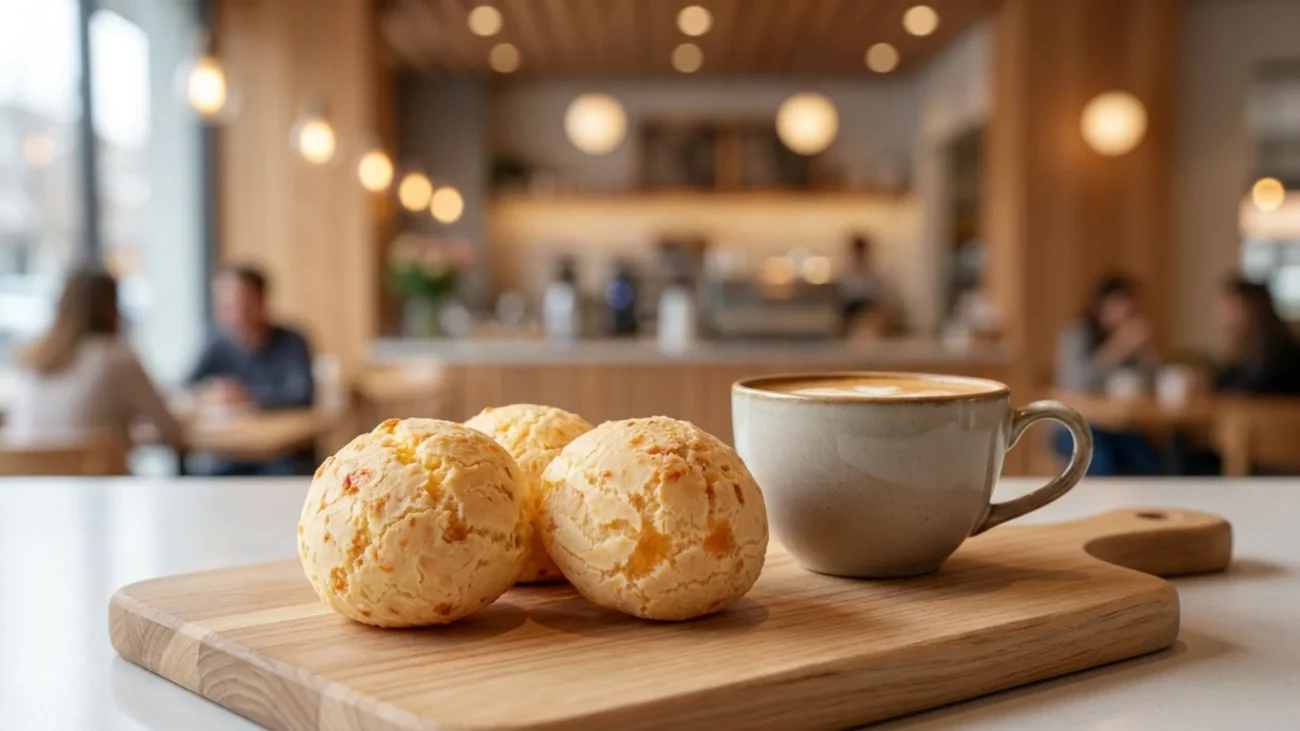 Ticket médio cafeteria: combo de café especial e pão de queijo dourado sobre balcão de atendimento profissional em ambiente de cafeteria