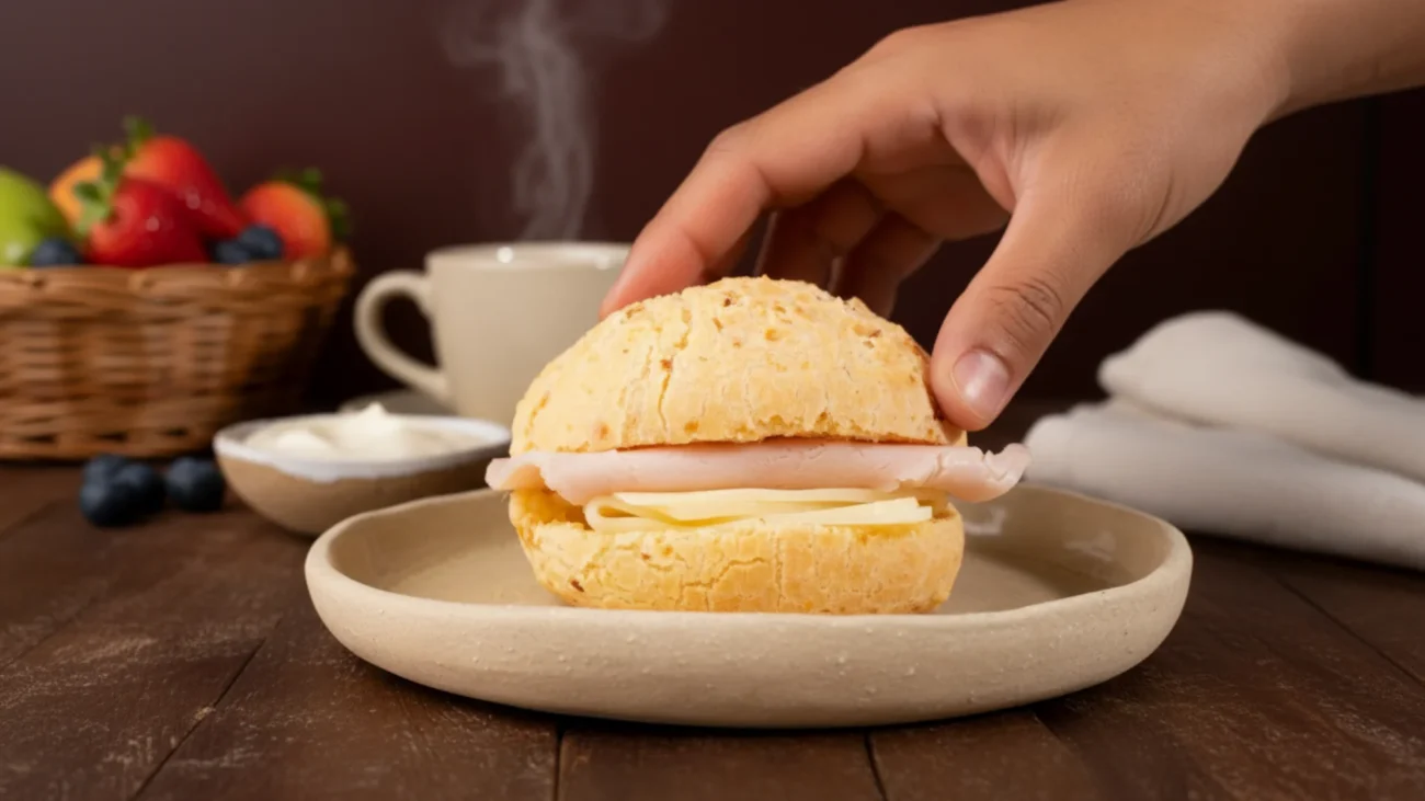 Pão de queijo recheado aberto ao meio sobre mesa de café da manhã de família, com requeijão cremoso visível e textura dourada na casca